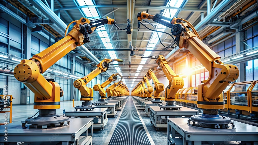 Poster Robotic arms in a high-tech factory showcasing advanced automation in manufacturing, technology, robotics