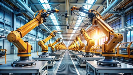 Robotic arms in a high-tech factory showcasing advanced automation in manufacturing, technology, robotics
