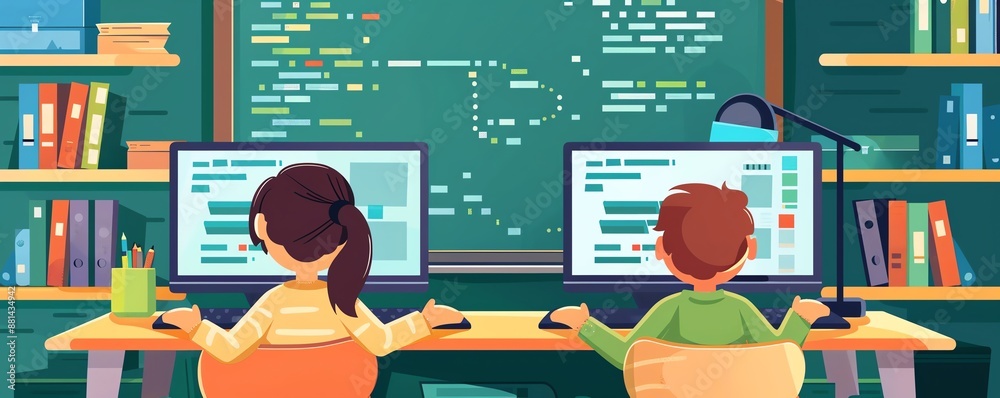 Wall mural coding lessons online, kids learning programming, flat design illustration