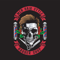 Vector Illustration of Skull with Hair, Barber's Pole, Scissors and Razor Blade with  Vintage Illustration Available for Barber Badge