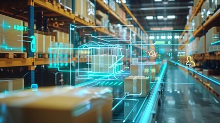 Fototapeta premium Smart warehouse management system using augmented reality technology to identify package picking and delivery . Future concept of supply chain and logistic business