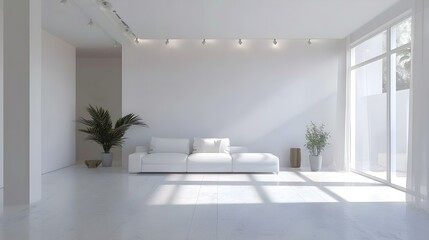 Bright living room interior with white empty wall
