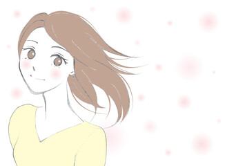 髪をなびかせて笑顔を浮かべる黄色い服の女性-横型