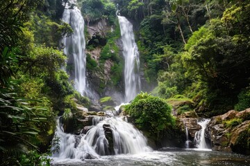A stunning view of a lush, green forest with multiple cascading waterfalls surrounded by dense foliage and vibrant nature.