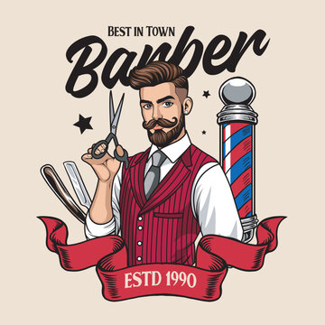 Vector Illustration of Barberman Holding Scissors with Razor Blade Barber's Pole in Vintage Illustration Available for Barber Badge