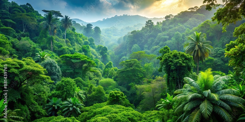 Poster Lush green canopy in Asian tropical rainforest, tropical, rainforest, vegetation, trees, jungle, biodiversity