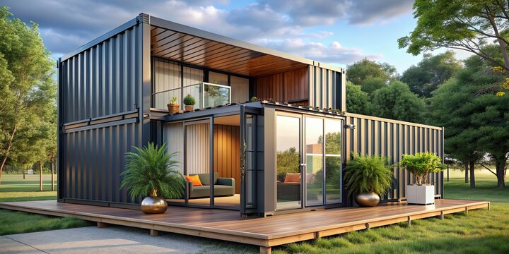 Modern shipping container house with minimalist design and reuse of containers, modern, container, house