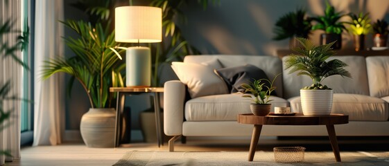 Cozy Modern Living Room with Indoor Plants and Natural Light, Featuring a Comfortable Sofa and Stylish Decor