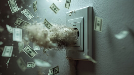 Money turning into dust coming out from a wall socket