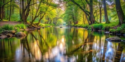 Obraz premium Peaceful forest stream with water reflecting soft liquid hues, forest, stream, water, peaceful, tranquil, serene, reflection