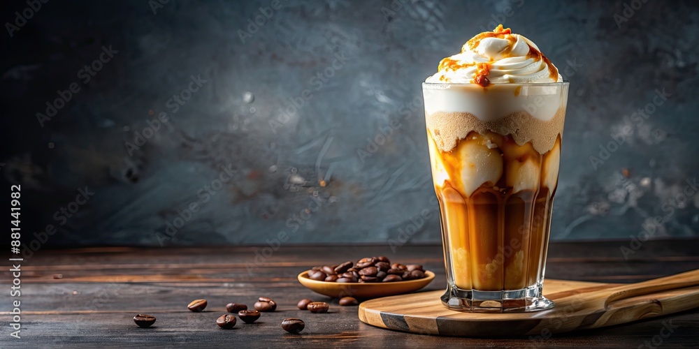 Wall mural Refreshing coffee with ice cream and caramel topping in a tall glass, refreshing, coffee, ice cream, caramel, topping, dessert