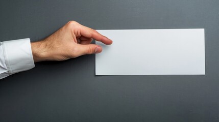 Man holding white pointer on grey background in cropped view