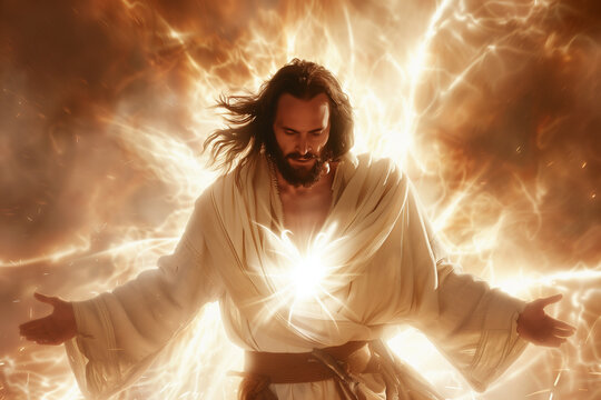 Majestic portrayal of a figure resembling Jesus Christ surrounded by intense flames and ethereal light, emanating divine energy from his heart in a powerful, spiritual scene