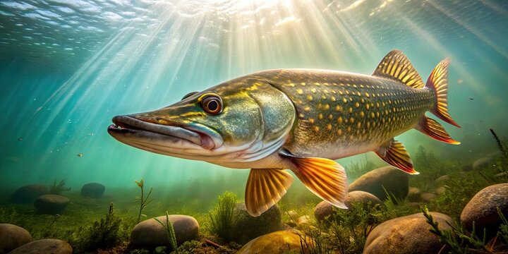 of a great northern pike searching for the golden wobbler bait in water, pike, hunting, predator, underwater, fishing