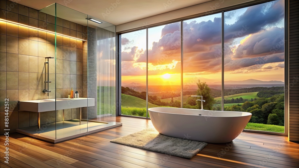 Canvas Prints Modern bathroom with shower, bathtub, and large window showing sunset landscape , modern, interior, bathroom