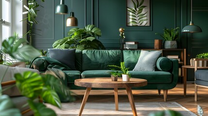 Wooden table in front of green couch in spacious living room