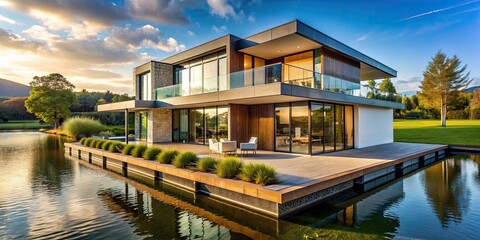 Obraz premium Modern house by the lake, modern, house, lake, water, architecture, contemporary, design, exterior, luxury, waterfront