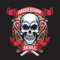 Vector Illustration of Skull, Clipper and Razor Blade with  Vintage Illustration Available for Barber Badge