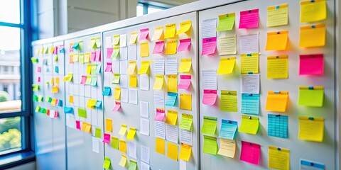 Post-it notes on a whiteboard tracking tasks and goals in Agile startup development , Agile, startup, development