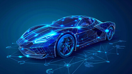 Naklejka premium Futuristic 3d rendered x-ray blue transparent sports car wireframe 