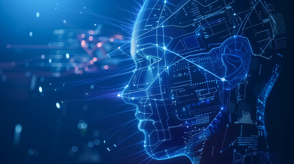 Artificial intelligence in a humanoid head with a neural network processes and analyzes big data. The AI's digital brain is constantly learning and improving its information analysis capabilities.