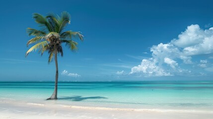 White sand beach, turquoise water, palm trees