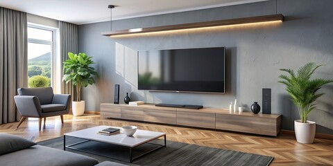 Modern living room with a sleek soundbar mounted under a wall-mounted TV, soundbar, home entertainment, music