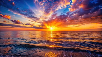 Obraz premium Vibrant sunset casting a warm glow over the calm ocean , sunset, ocean, sea, horizon, sky, colorful, tranquil, serene, reflection