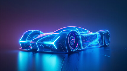 Naklejka premium Blue and pink sports car wireframe isolated on blue and pink background, Futuristic 3d rendered x-ray blue transparent sports car wireframe 