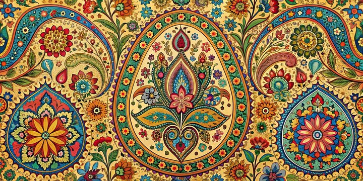 Traditional Persian paisley pattern painting in colorful ink style , Persian, paisley, pattern, painting, colorful, ink