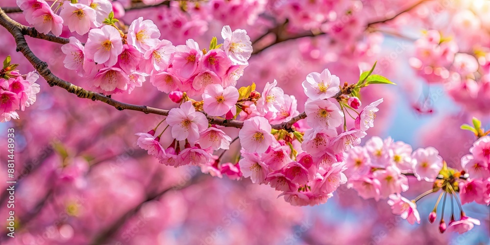 Poster Japanese cherry tree in full bloom with pink flowers , Spring, nature, sakura, blossoms, petals, garden