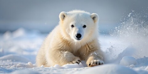 Naklejka premium Polar bear cub playing in snow , Arctic, wildlife, baby animal, adorable, fuzzy, white fur, playful