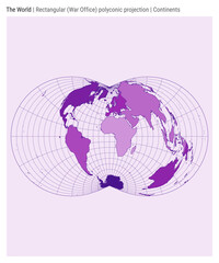 World map. Rectangular (War Office) polyconic projection. Continents style. High detail world map for infographics, education, reports, presentations. Vector illustration.