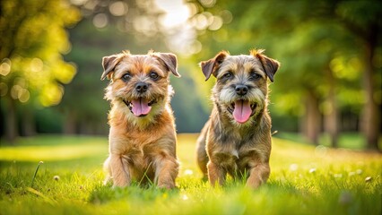 Two cute Border Terriers playing happily in the park, Border Terrier, dogs, pets, playing, outdoors, happy, nature, park, fur