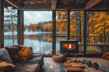 A cozy wooden cottage with a fireplace and large windows offering views of a serene lake and forest in autumn colors.