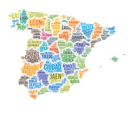 Naklejka premium Spain region word cloud in the shape of the country. A colorful illustration featuring a collage of region names.