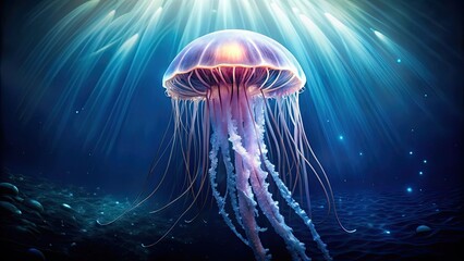 Fototapeta premium Majestic jellyfish floating in the dark ocean depths, jellyfish, ocean, deep sea, marine life, bioluminescent