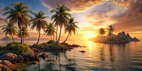 Sea coast at sunset with palm trees overlooking rocky islands, rendering, sunset, sea coast, palm trees, rocky islands, tropical