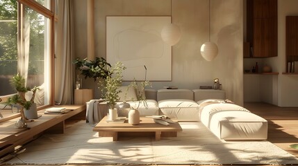 Modern interior design living room in Japandi style
