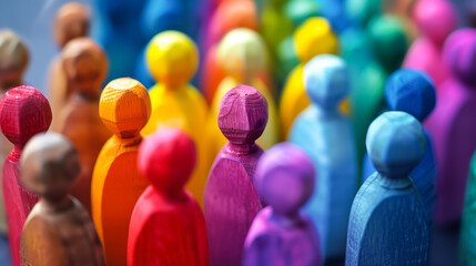 Colorful wooden figures background. Banner promoting diversity and inclusion.
