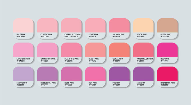 Pink Color Guide Palette with Color Names. Catalog Samples Pink with RGB HEX codes and Names. Metal Colors Palette Vector, Wood and Plastic Pink Color Palette, Fashion Trend Pink Color Palette