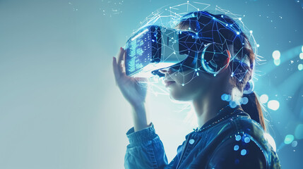 Woman reporter presenting world market data with rotating graph analysis, VR future global innovation, business interface, digital infographic, network technology, and virtual hologram at server.