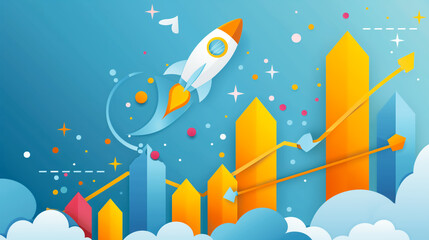Naklejka premium Rising rocket over bar graph, symbolizing startup business growth and success. Concept of development and increasing achievements.