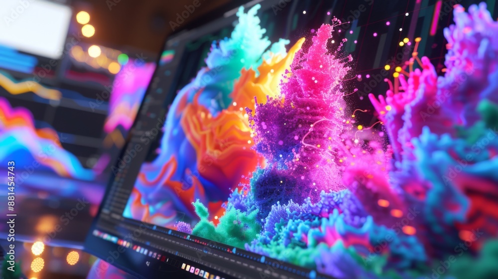 Poster a 3d graph model displayed on a computer screen, with vibrant colors and dynamic design.