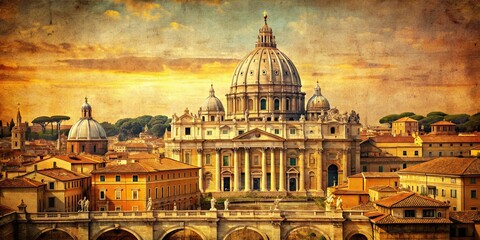 Fototapeta premium Rome old postcard with vintage style Saint Peter Basilica in Vatican retro texture, vintage, Rome, postcard