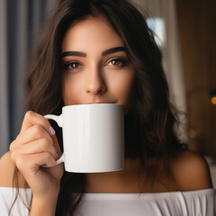 Woman Holding a Blank White Mug up to Her Face, Mug Mockup Photography	