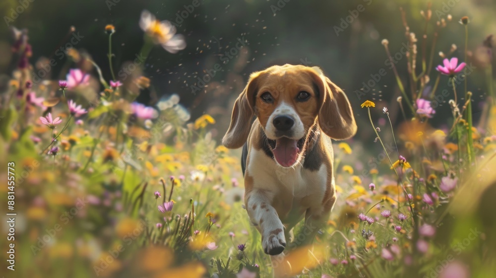 Poster a beagle running through a field of wildflowers, nose to the ground in search of hidden treasures.
