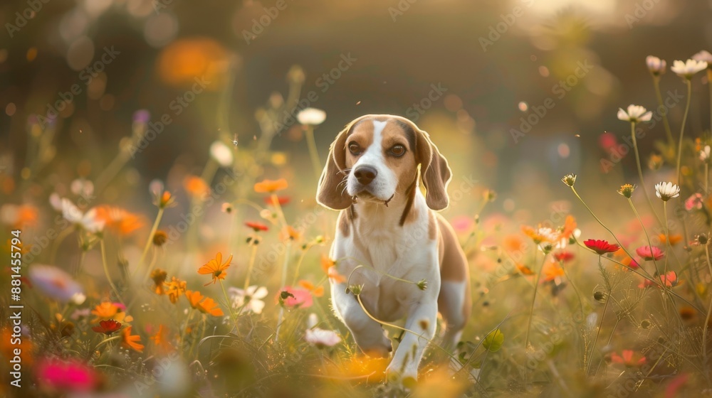 Poster a beagle running through a field of wildflowers, nose to the ground in search of hidden treasures.
