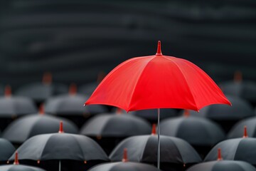 Single Red Umbrella Stands Out from Crowd of Black Umbrellas Symbolizing Individuality and Uniqueness