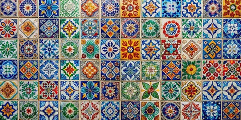 Pattern of colorful tiles on a white wall , geometric, texture, background, vibrant, design, repeat, square